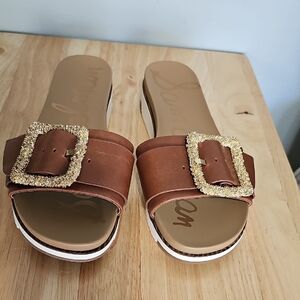 NWOT Sam Edelman Brown Slide Mules with Gold Glitter Buckles